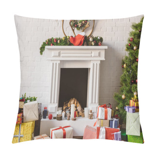 Personality  Festive Decorations Over Fireplace With Gift Boxes And Christmas Tree Pillow Covers