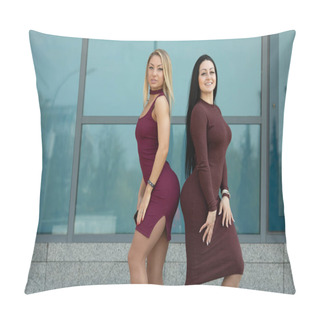 Personality  Two Pretty Young Women Posing Together Outdoors Pillow Covers