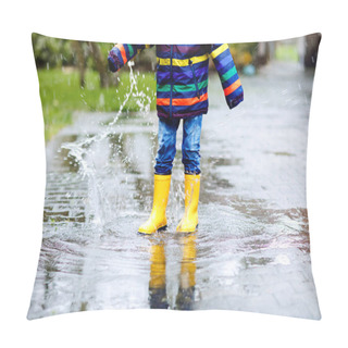 Personality Close-up Of Kid Wearing Yellow Rain Boots And Walking During Sleet, Rain And Snow On Cold Day. Child In Colorful Fashion Casual Clothes Jumping In A Puddle. Having Fun Outdoors Pillow Covers