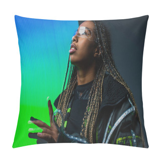 Personality  African American Woman In Smart Glasses Looking Away Near Abstraction On Grey Background  Pillow Covers