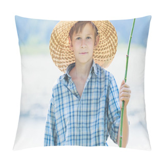 Personality  Portrait Of Teenager With Handmade Green Twig Fishing Rod Pillow Covers