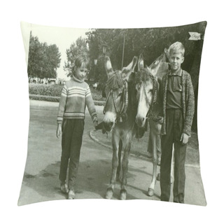 Personality  Retro Photo Shows Children With Donkeys In The Park. Vintage Black & White Photography. Pillow Covers