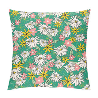 Personality  Green Doodle Flowers Seamless Pattern Background. White, Pink, And Yellow Summer Flowers Pattern. Doodle Floral Pattern. Summer And Spring Vector Repeat Pattern Pillow Covers