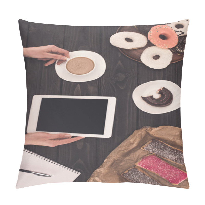 Personality  person with coffee, digital tablet and donuts  pillow covers