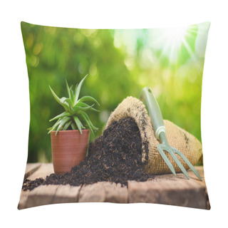 Personality  Cactus On Plant Pot With Fertilizer Bag  Over Green Background Pillow Covers