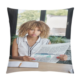 Personality  Curly African American Businesswoman Holding Newspaper And Sitting At Desk In Office, Profession Pillow Covers
