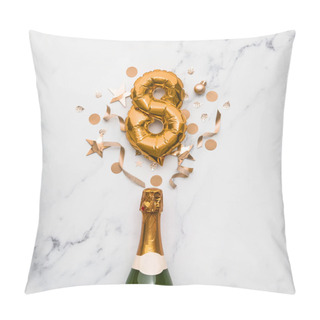 Personality  Champagne Bottle With Gold Number 8 Balloon. Minimal Party Anniversary Concept Pillow Covers