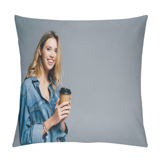 Personality  Cheerful Woman In Denim Shirt Holding Coffee To Go And Smiling At Camera Isolated On Grey Pillow Covers