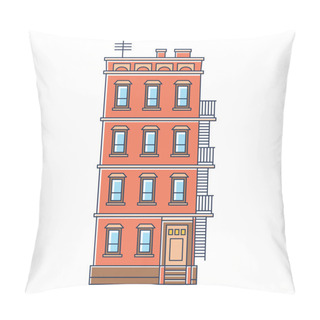 Personality  Vector Illustration - New York United States Red Brick Old Building With Stairs Isolated Vintage Pillow Covers