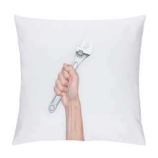 Personality  Cropped Shot Of Man Holding Adjustable Wrench Isolated On White Pillow Covers