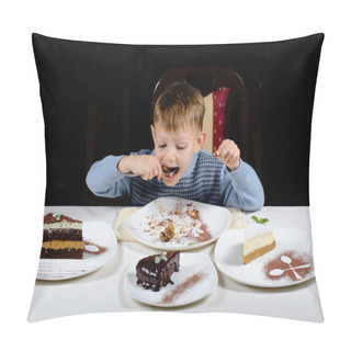Personality  Cute Little Boy Enjoying A Treat Of Party Cakes Pillow Covers
