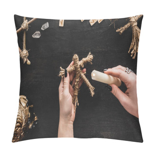 Personality  Top View Of Woman Holding Burning Candle Near Voodoo Doll, Runes, Skull And Crystals On Black  Pillow Covers