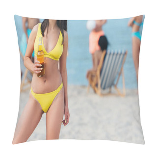 Personality  Cropped View Of Young Woman In Swimsuit Holding Bottle Of Beer While Standing On Beach Pillow Covers