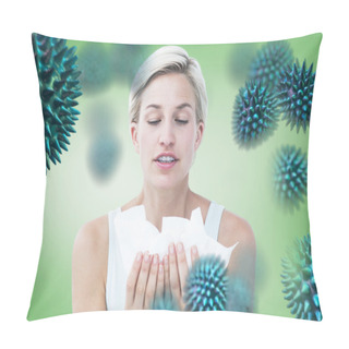 Personality  Composite Image Of Sick Woman Holding Tissues Pillow Covers