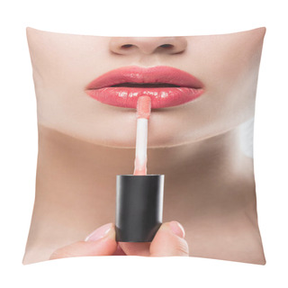 Personality  Cropped View Of Woman Applying Pink Lip Gloss,  Isolated On White Pillow Covers
