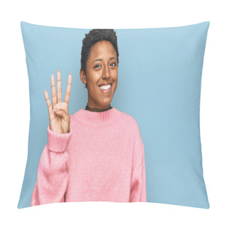 Personality  Young African American Woman Wearing Casual Clothes Showing And Pointing Up With Fingers Number Four While Smiling Confident And Happy.  Pillow Covers