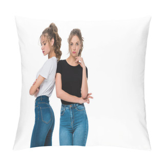 Personality  Serious Attractive Young Twins Standing Isolated On White Pillow Covers