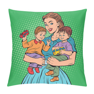 Personality  Young Retro Mom With Two Children Boys Pillow Covers