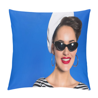 Personality Portrait Of Smiling Stylish Woman In Retro Clothing And Sunglasses Isolated On Blue Pillow Covers
