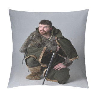 Personality  Full Length  Portrait Of  Young Handsome Man  Wearing  Medieval Celtic Adventurer Costume With Hooded Cloak, Holding Sword, Isolated On Studio Background. Pillow Covers