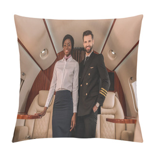 Personality  Handsome, Positive Pilot Standing With Hand In Pocket Near Smiling African American Stewardess In Private Jet Pillow Covers