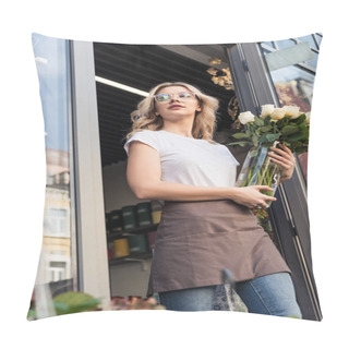 Personality  Low Angle View Of Beautiful Florist Going Out From Flower Shop With Roses In Jar Pillow Covers