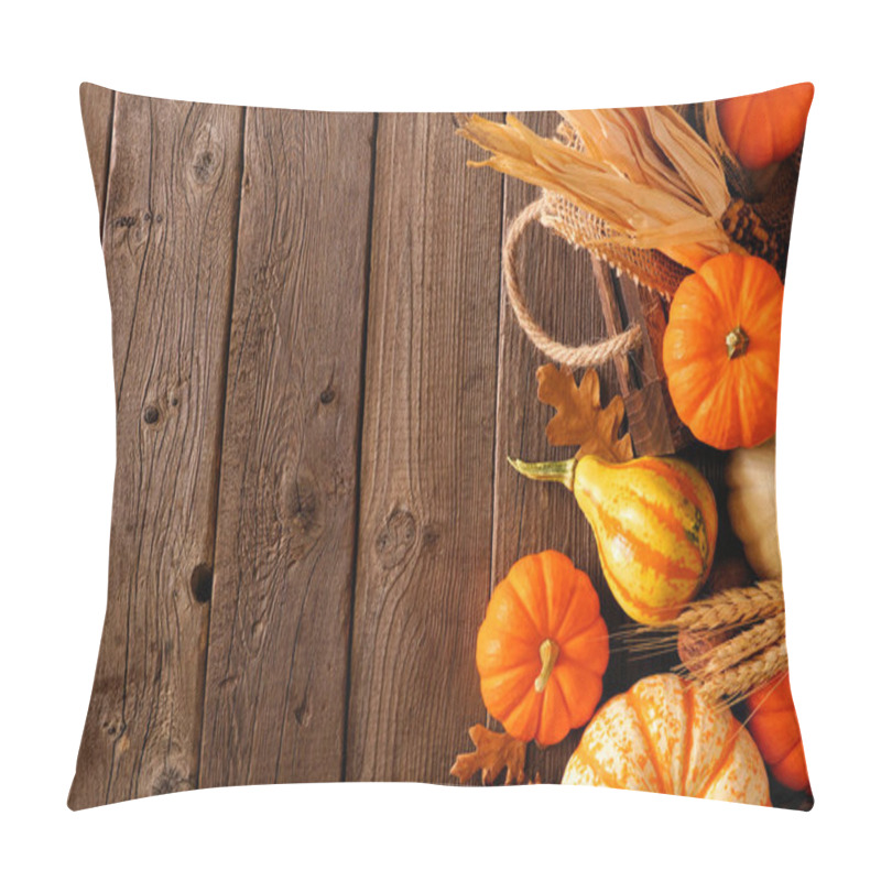 Personality  Fall Side Border Of Pumpkins, Gourds And Fall Decor With Harvest Basket On A Rustic Wood Background With Copy Space Pillow Covers