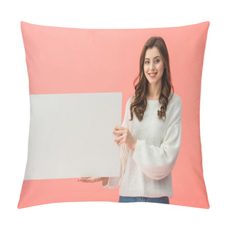 Personality  Smiling And Beautiful Woman Holding Blank Placard With Copy Space Isolated On Pink Pillow Covers