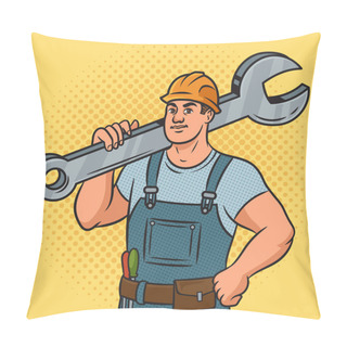 Personality  Worker With Huge Wrench Pinup Pop Art Retro Raster Illustration. Comic Book Style Imitation. Pillow Covers