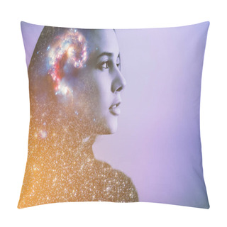Personality  Double Multiply Exposure Abstract Portrait Of A Dreamer Cute Young Woman Face With Galaxy Universe Space Inside Head. Spirit Cosmos Astronomy Life Zen Concept Elements Of This Image Furnished By NASA Pillow Covers