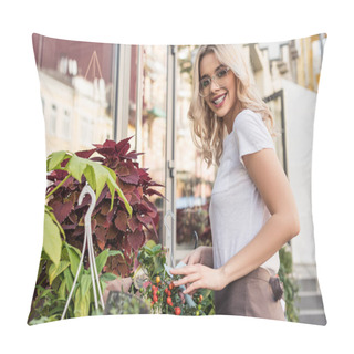 Personality  Smiling Attractive Florist Standing Near Flower Shop And Looking At Camera  Pillow Covers
