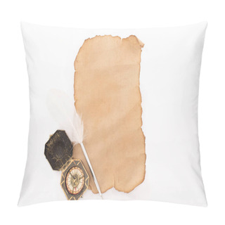 Personality  Top View Of Vintage Paper, Compass And Quill Isolated On White Pillow Covers