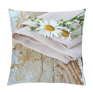 Personality  Bouquet Of Daisies On The Linen Bag On A Wooden Table Rustic Still Life Pillow Covers