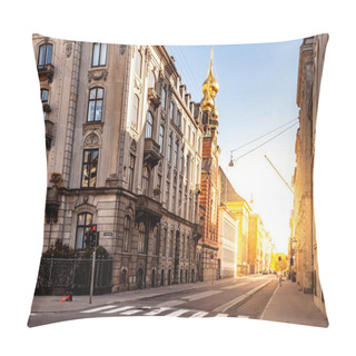 Personality  COPENHAGEN, DENMARK - MAY 6, 2018: Cityscape With Buildings And Church With Sunlight Pillow Covers