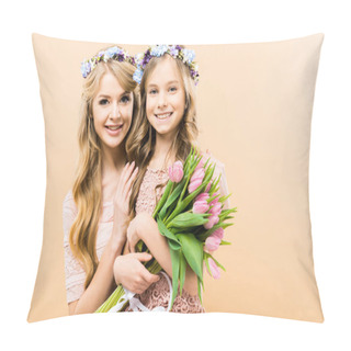 Personality  Beautiful Mother And Happy Child With Bouquet Of Tulips Smiling And Looking At Camera On Yellow Background Pillow Covers
