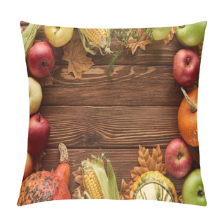 Personality  Top View Of Frame Of Pumpkins, Sweet Corn And Apples On Wooden Surface With Dried Autumn Leaves Pillow Covers