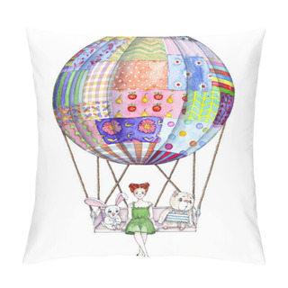 Personality  Girl With Toys In Air Balloon From Patchwork Blanket Pillow Covers
