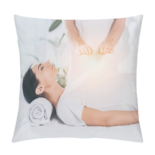 Personality  Cropped Shot Of Young Woman Receiving Reiki Treatment Above Chest  Pillow Covers