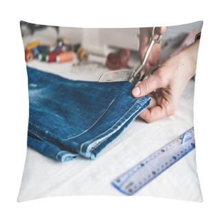 Personality  Tailor Cutting Jeans With Scissors At Workshop Pillow Covers