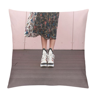 Personality  Close-up Of Female Legs With Fashionable Sneakers Near A Pink Wall Pillow Covers