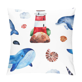 Personality  Seamless Pattern With Watercolor Whales, Seashells And Lighthouse On White Background  Pillow Covers