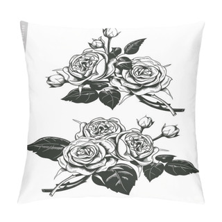 Personality  Hand Sketched Set Of White Roses In Vintage Engraving Style. Baroque Decorative Elements. Floral Doodles, Leaves, Branches, Flowers, Laurels, Banners And Frames. Vector Illustration. Pillow Covers