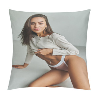 Personality  Sexy Young Woman In Socks And Long Sleeve Shirt Sitting On Floor And Showing Pierced Belly Pillow Covers