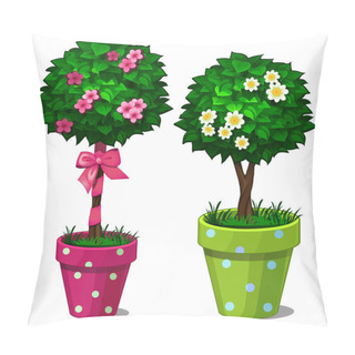 Personality  Two Decorative Bonsai Tree With Flowers In Green And Pink Pots. Vector Illustration In Cartoon Style Isolated On White Background Pillow Covers