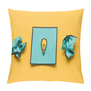 Personality  Crumpled Paper And Note With Light Bulb Drawing On Yellow Background, Ideas Concept Pillow Covers