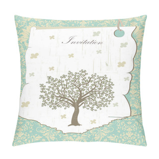 Personality  Vintage Invitation Card With Ornate Elegant Retro Abstract Floral Tree Design, Grayish Green Leaves On Pale Yellow And Teal Background With Text Label On Tag. Vector Illustration Pillow Covers