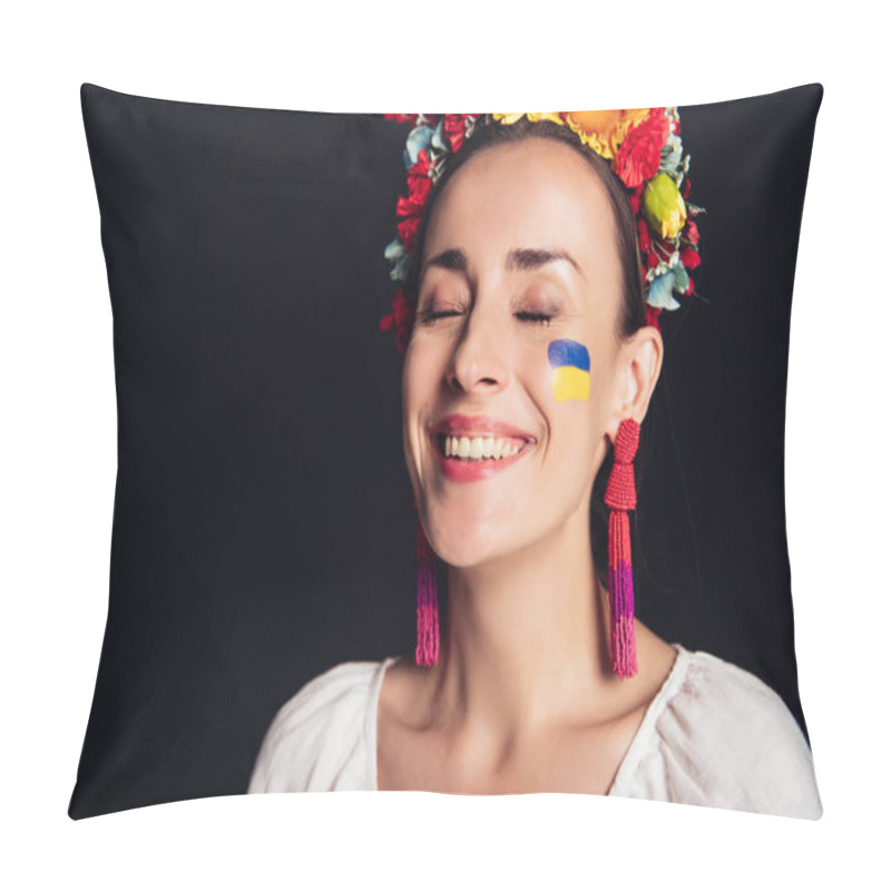 Personality  Happy Brunette Young Woman In National Ukrainian Costume With Closed Eyes Isolated On Black Pillow Covers