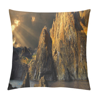 Personality  Fantasy On The Theme Of Rocky Cliffs On The Seashore. The Rays Of The Sun, Through The Moody Clouds, Illuminate The Mountains Pillow Covers