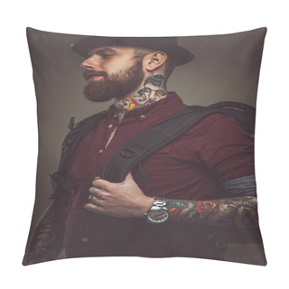 Personality  Bearded Tattooed Guy With Walking Stick Pillow Covers