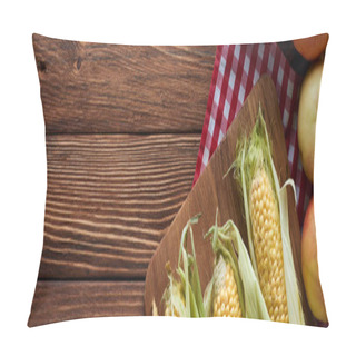 Personality  Panoramic Shot Of Cutting Board With Raw Corn Near Apples On Checkered Tablecloth On Wooden Surface Pillow Covers
